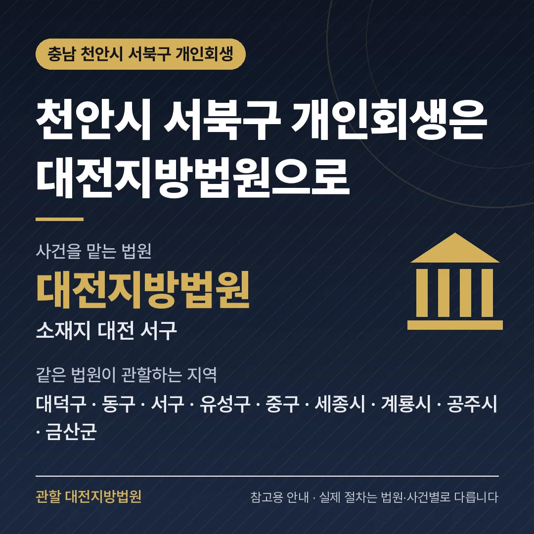 충남 천안시 서북구 개인회생 관할 법원 — 대전지방법원 충남 천안시 서북구 개인회생 관할 법원 — 대전지방법원